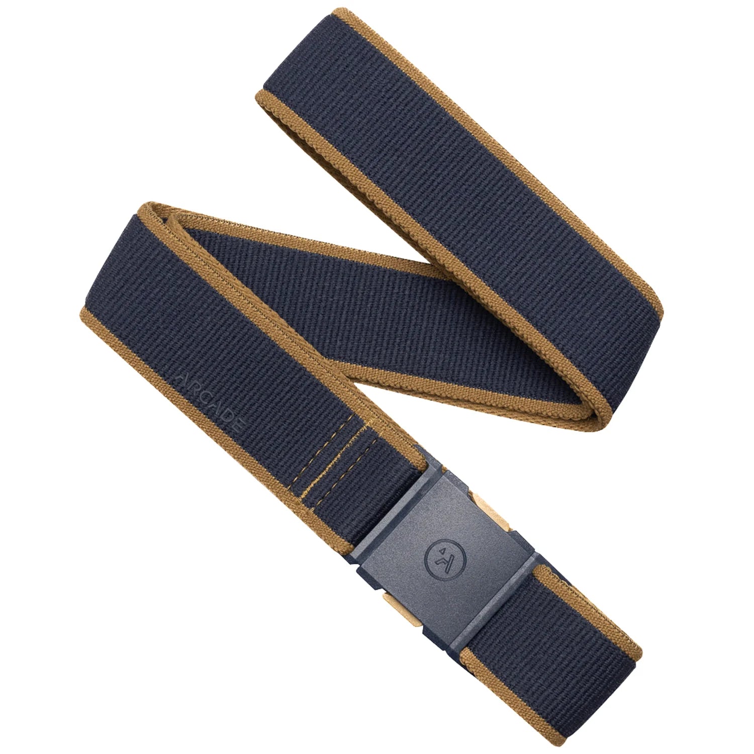 Navy blue belt with brown edge and gray buckle on a white background | XSports