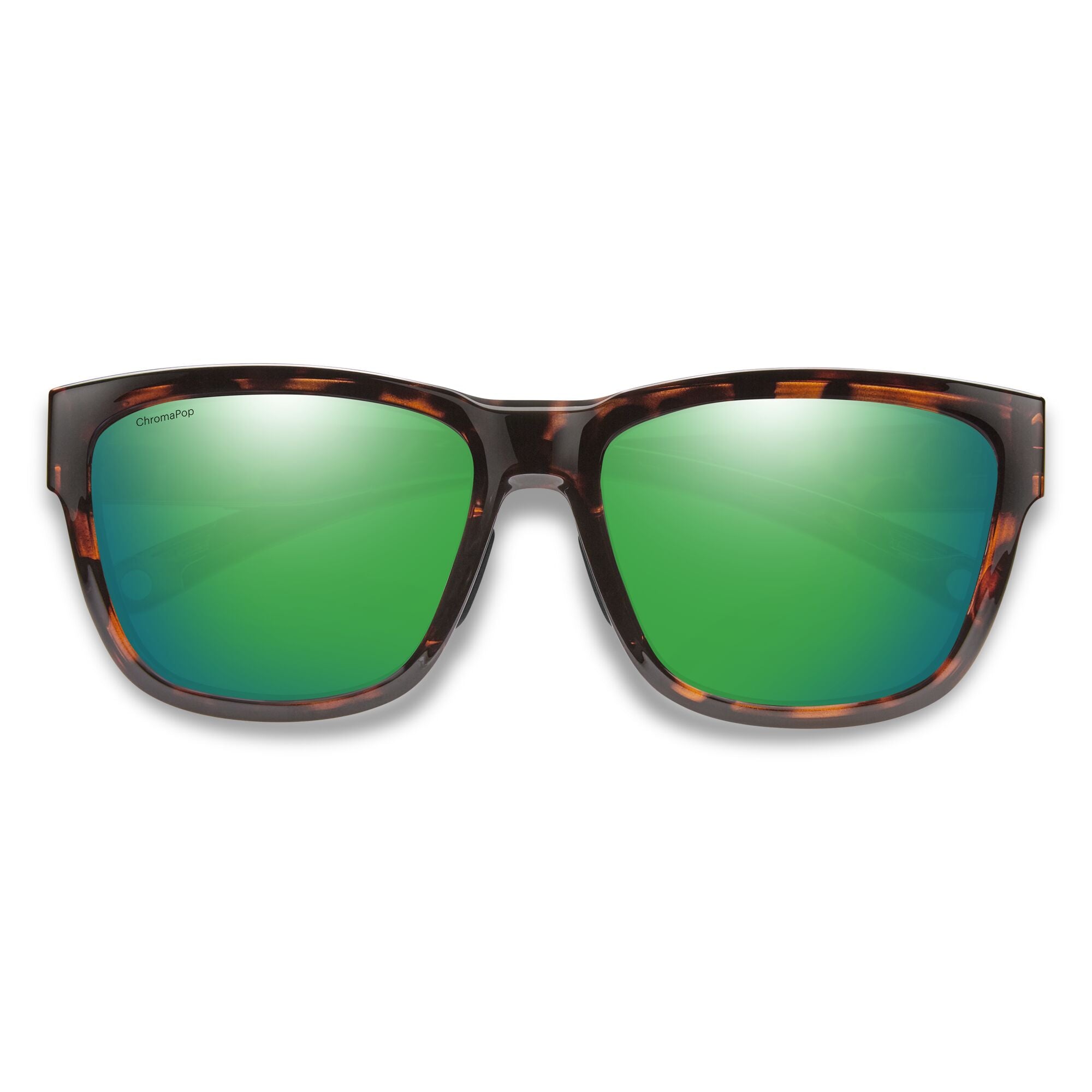 Sunglasses with green lenses and tortoiseshell frame on a white background