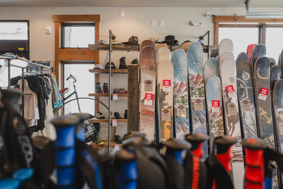 Skis and winter gear ready for rental at XSports Ski Broker in Fraser, Colorado