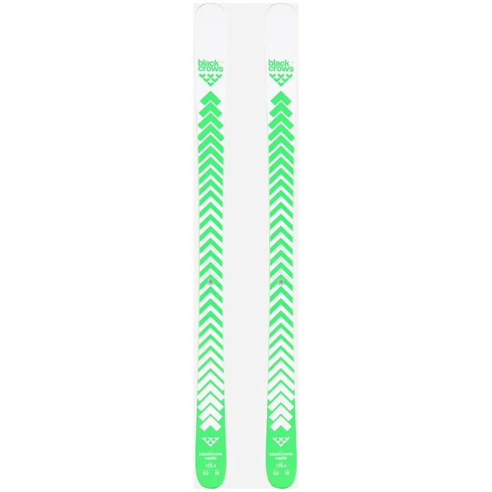 Black Crow ski with green chevron pattern on a white background